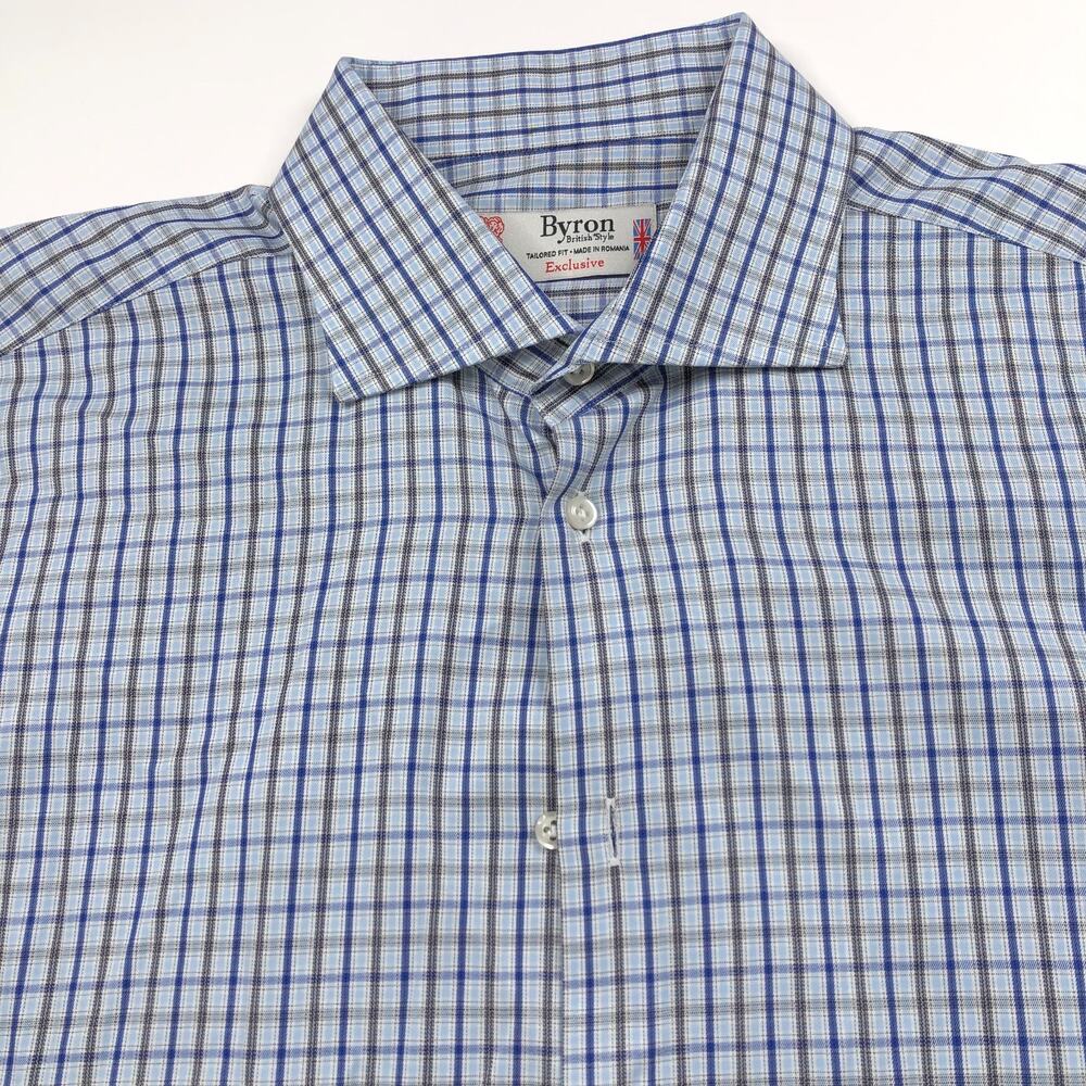 Byron British Style Tailored Fit 16/32.5 Long Sleeve Check Dress Shirt Blue